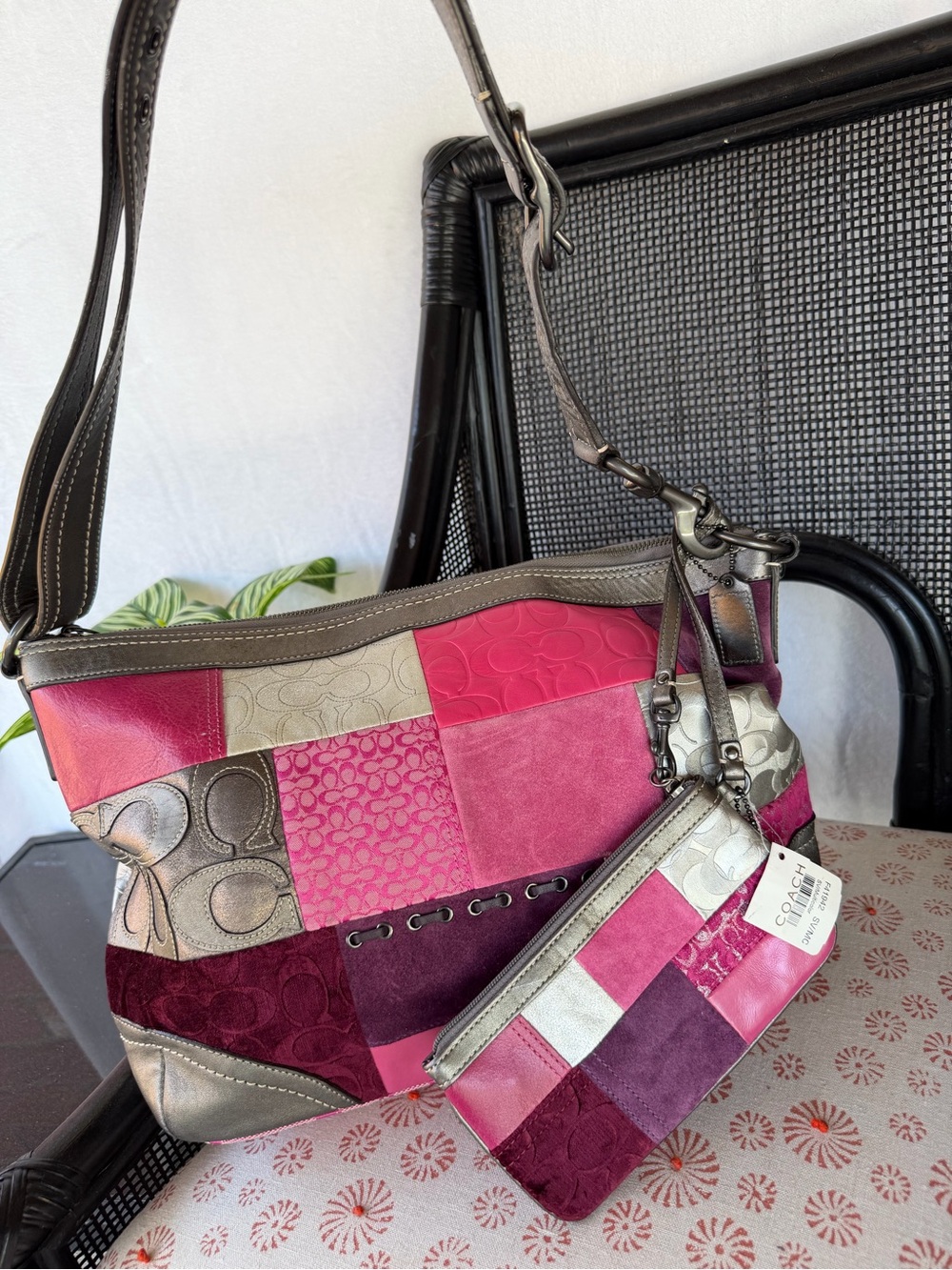 Coach Patchwork Shoulder Bag with Pink and Silver Panels
